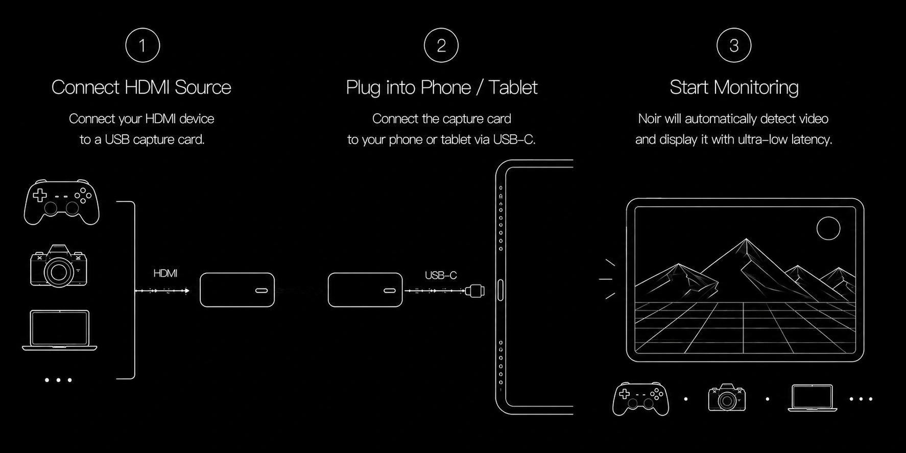 Connectez un appareil HDMI à une carte de capture USB-C, puis connectez la carte de capture au téléphone ou à la tablette exécutant Noir.